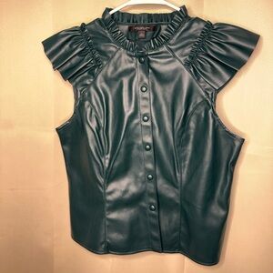 Andrew Marc Dark Green Faux Leather Blouse